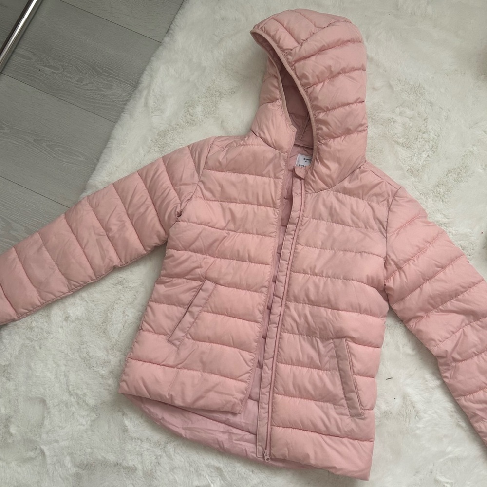 pink puffer jacket - old navy